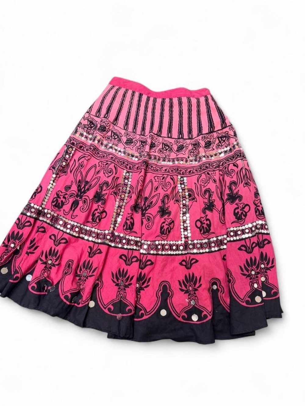 Embellished Pink Circle Skirt with Black Trim